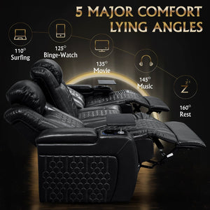 English Elm 86.6"power Recliner Set Genuine Nappa Leather Home Theater Rgb Lighting Usb Charging Black W3819S00091