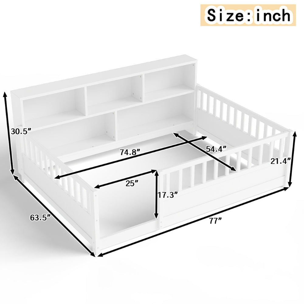 English Elm A Pine Floor Bed Twin Frame with Fence Guardrail and Shelf for Kids Rooms White W1858P410403