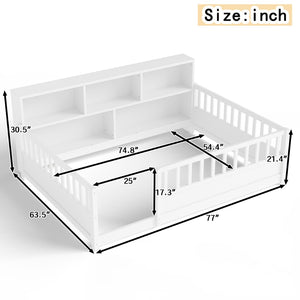 English Elm A Pine Floor Bed Twin Frame with Fence Guardrail and Shelf for Kids Rooms White W1858P410403