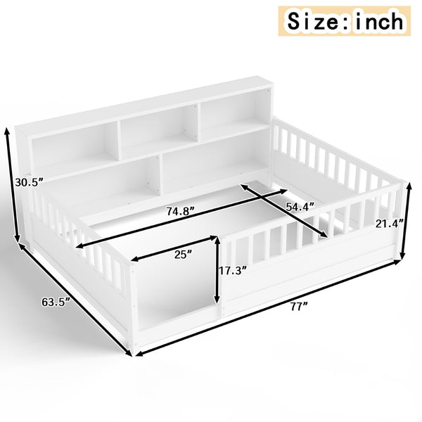 English Elm A Pine Floor Bed Twin Frame with Fence Guardrail and Shelf for Kids Rooms White W1858P410403