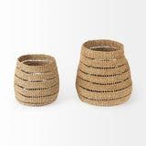 Mercana Hayes 17.7L x 17.7W x 11.8H (Set of 2) Medium Brown Seagrass Round Basket with Stripe Pattern  69589