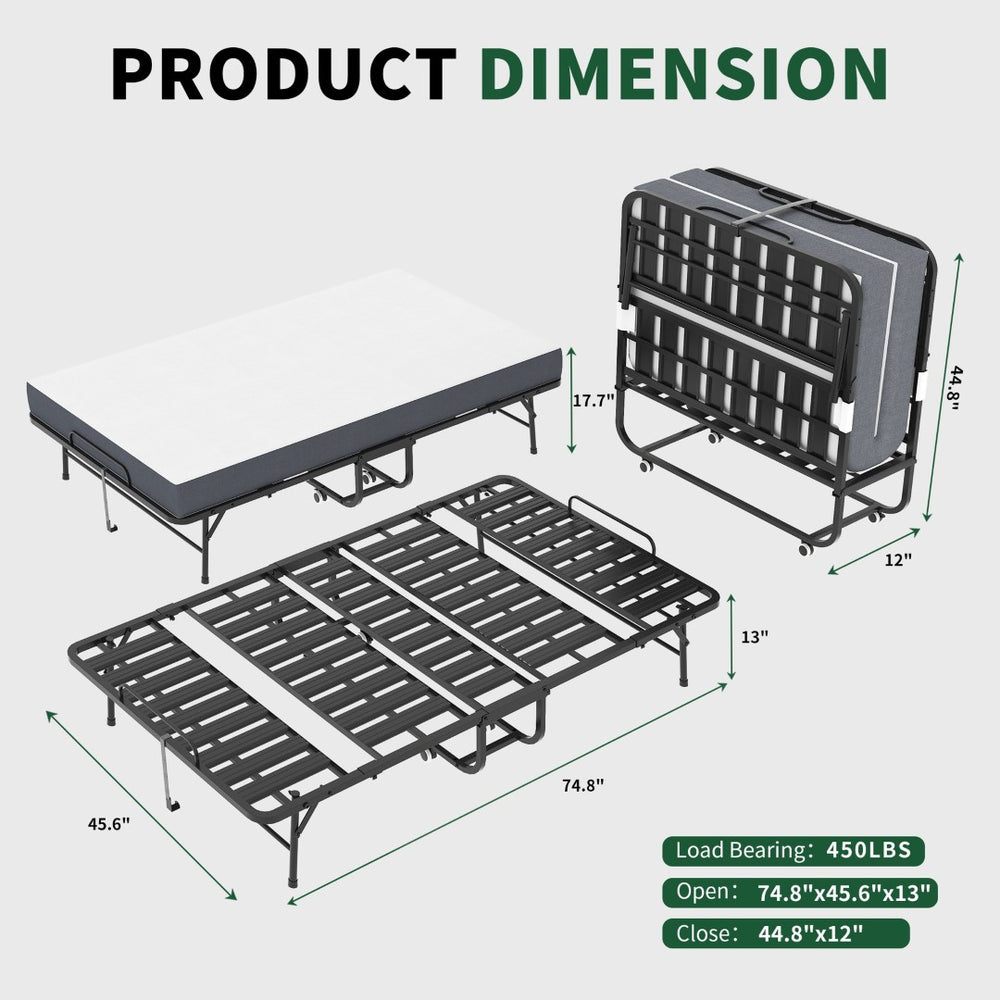 English Elm 75 Inch Rollaway Twin Bed with Memory Foam Mattress Heavy Duty Steel Frame Foldable W2735P425462