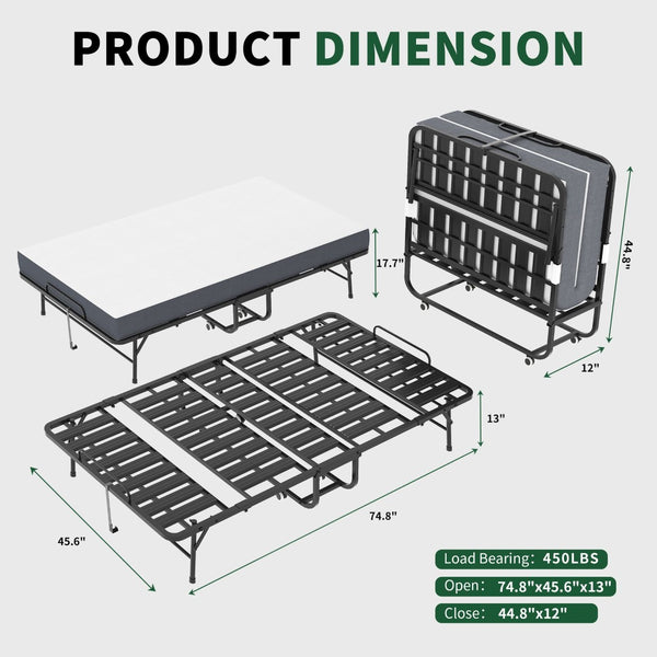 English Elm 75 Inch Rollaway Twin Bed with Memory Foam Mattress Heavy Duty Steel Frame Foldable W2735P425462