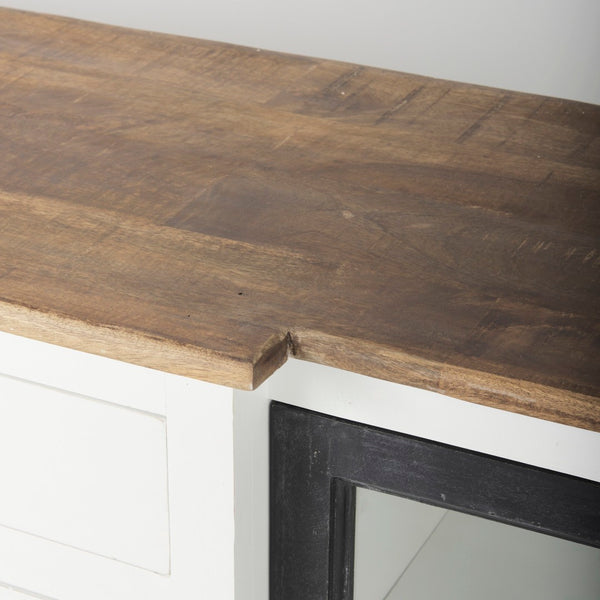 Mercana Bourchier 75-Inch Solid Mango Wood Buffet with Glass Cabinets & Drawers for Stylish Storage Solutions 50282