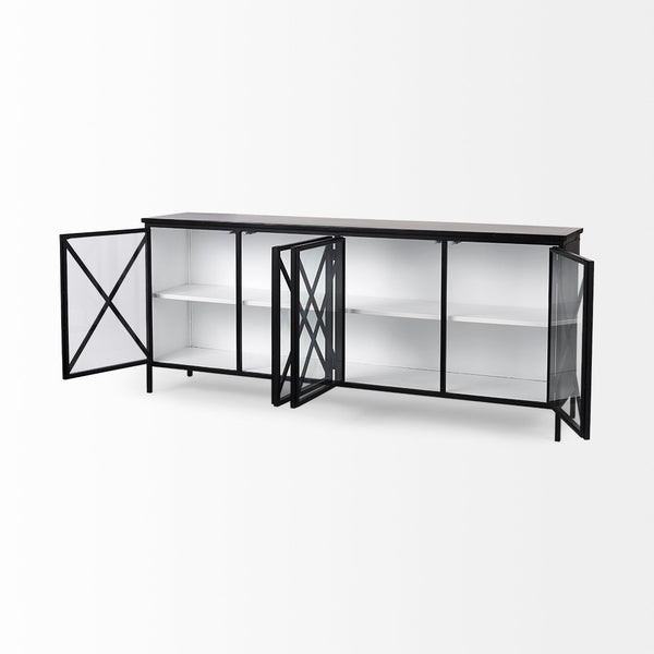 Mercana Aurelia Sleek Four-Door Glass Cabinet with Crisscross Design for Modern Storage and Display Solutions 69266