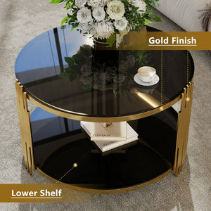 English Elm Modern Round Coffee Table Black Tempered Glass Top Gold Drum Base Living Room Glam N735P177478B