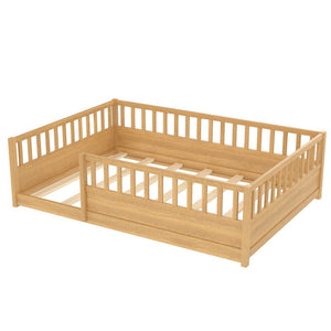 English Elm Twin Montessori Floor Bed Solid Pine Frame with Safety Fence Door for Kids Play Space Natural W1858P382402