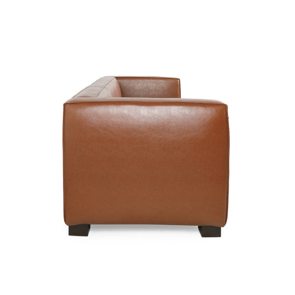 English Elm Light Brown Leather Three Seat Sofa with Dark Wood Legs for Modern Living Rooms N770P387768E