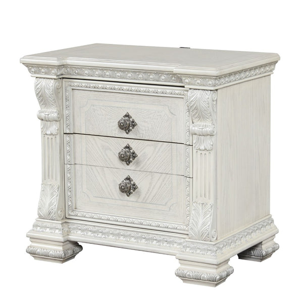 English Elm Ornate Silver Molding Nightstand with Usb Charging Dovetail Drawers Bedroom Storage White B2741P431064