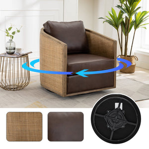 English Elm Swivel Barrel Chair Plush Leather Accent Seat with 360° Metal Base, Sturdy Hardwood Frame, 300lb Capacity Brown W395102739