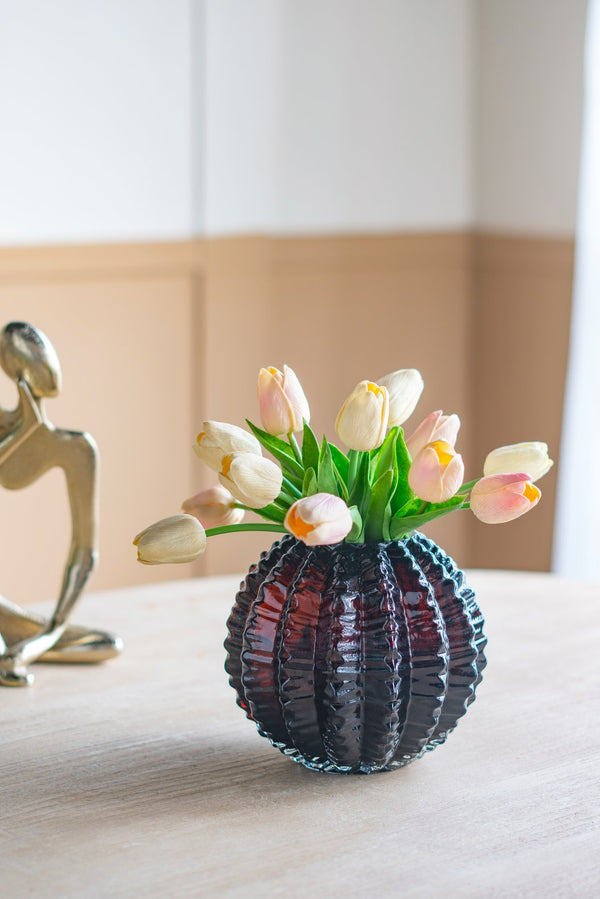 English Elm D6.7x6" Textured Round Glass Vase Amber Finish — Modern Art-Inspired Accent, Decorative Centerpiece, 8"H W2078P357248