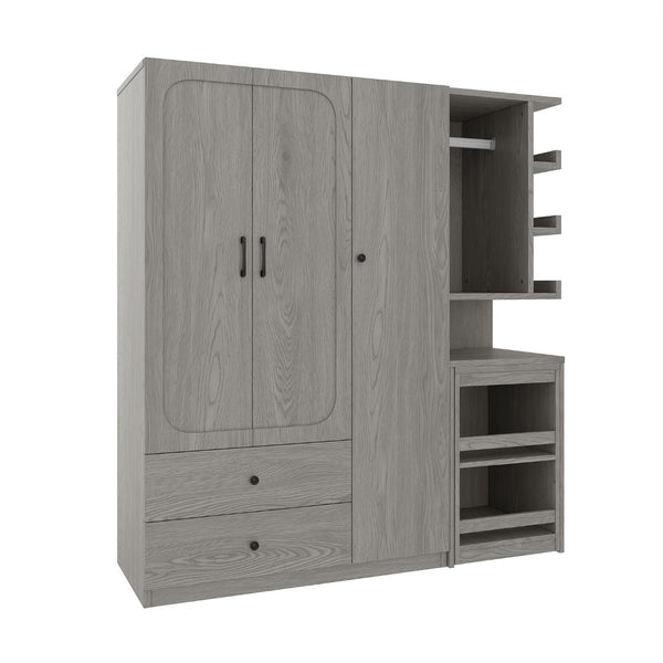 English Elm Multifunctional Wardrobe Cabinet with Fold Out Desk Hanging Rod and Storage Drawers Gray W1580S00476