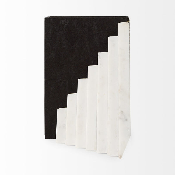 Mercana Sophia Elegant Stepped Pyramid Marble Bookends - Unique Architectural Accent for Modern Spaces White Marble | Stacked Lines 69215