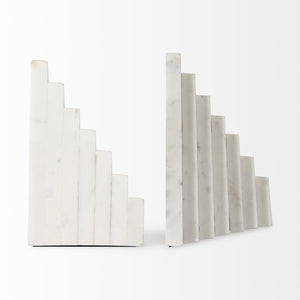 Mercana Sophia Elegant Stepped Pyramid Marble Bookends - Unique Architectural Accent for Modern Spaces White Marble | Stacked Lines 69215