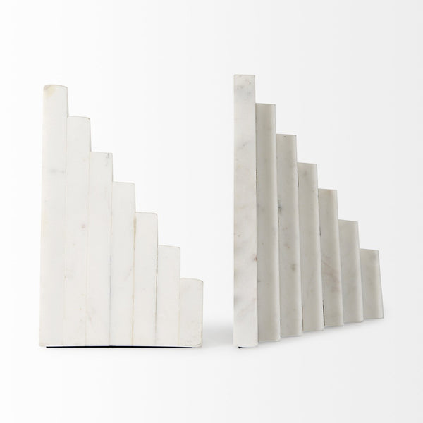 Mercana Sophia Elegant Stepped Pyramid Marble Bookends - Unique Architectural Accent for Modern Spaces White Marble | Stacked Lines 69215