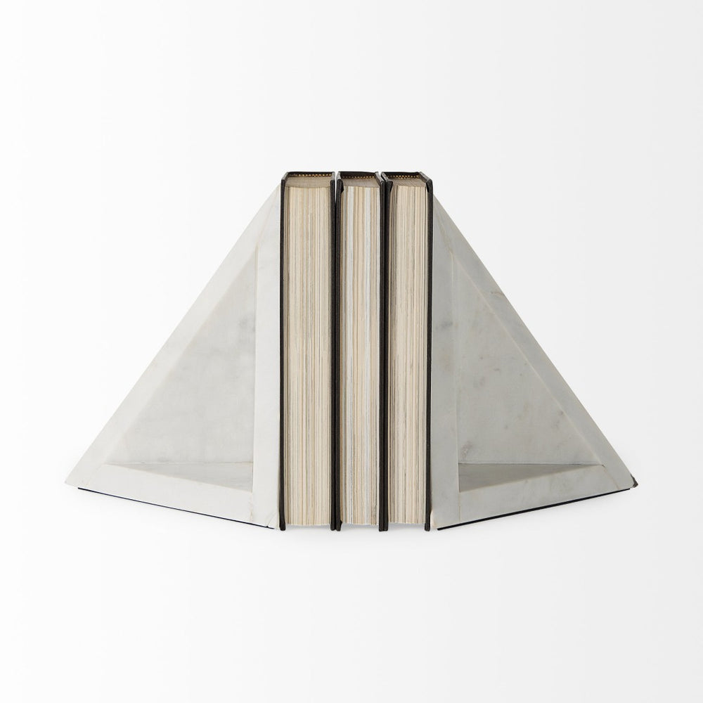 Mercana Sophia Elegant Stepped Pyramid Marble Bookends - Unique Architectural Accent for Modern Spaces White Marble | Triangle 69216