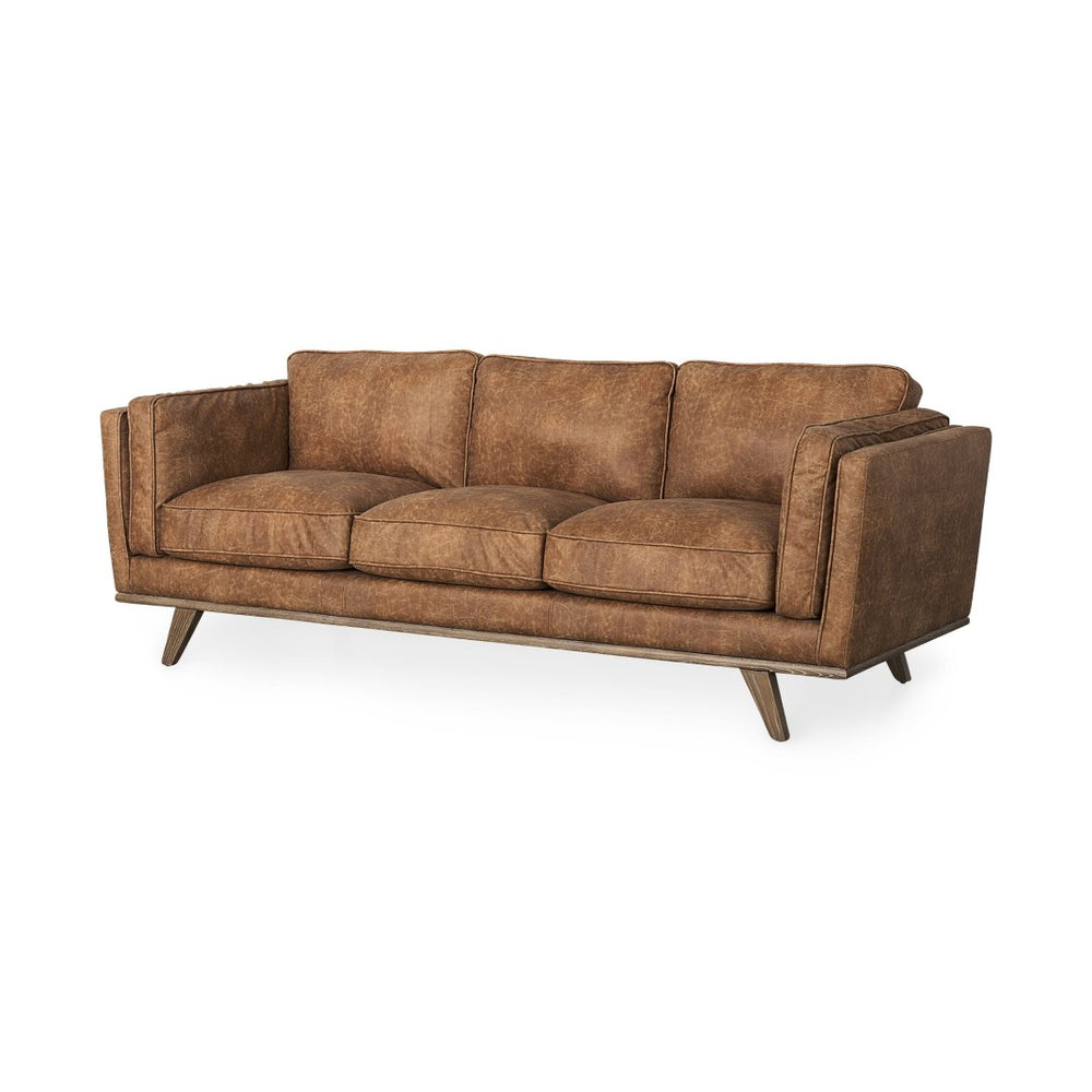 Mercana Brooks Cozy Cognac Three-Seater Sofa with Elegant Wood Legs for Modern Living Spaces and Comfort 69619