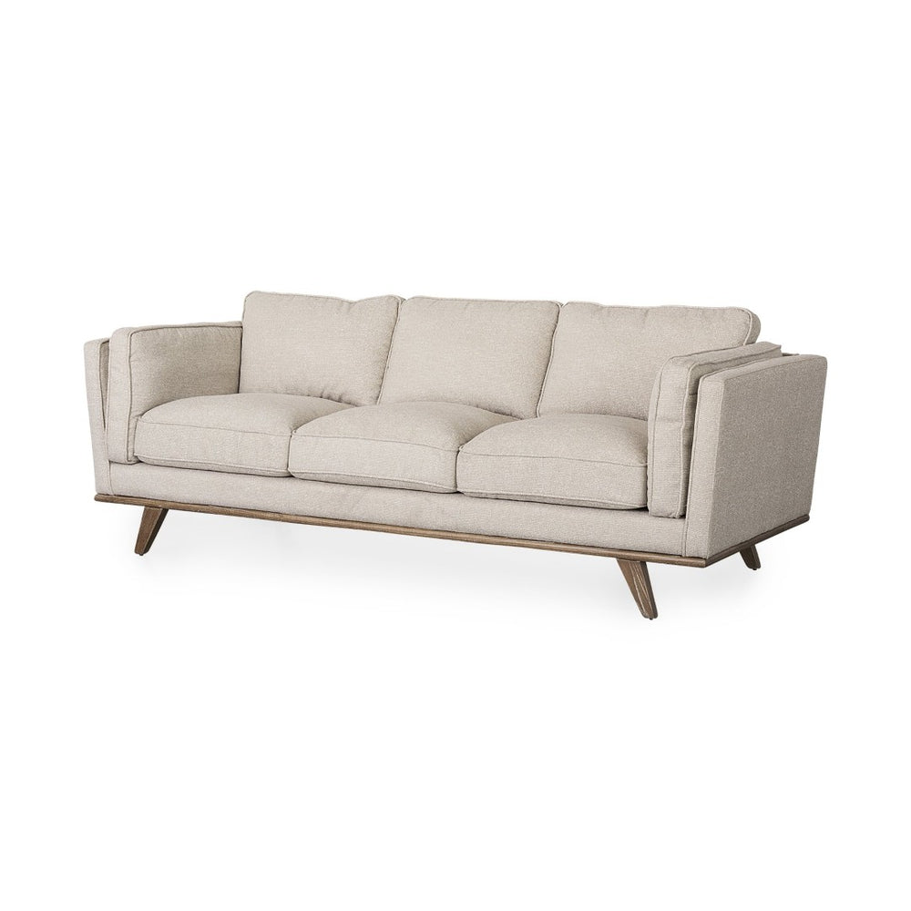 Mercana Brooks Three-Seater Sofa: Elegant Cream Upholstery with Sturdy Wood Legs for Cozy Living Spaces Cream Fabric | Brown Wood 69620
