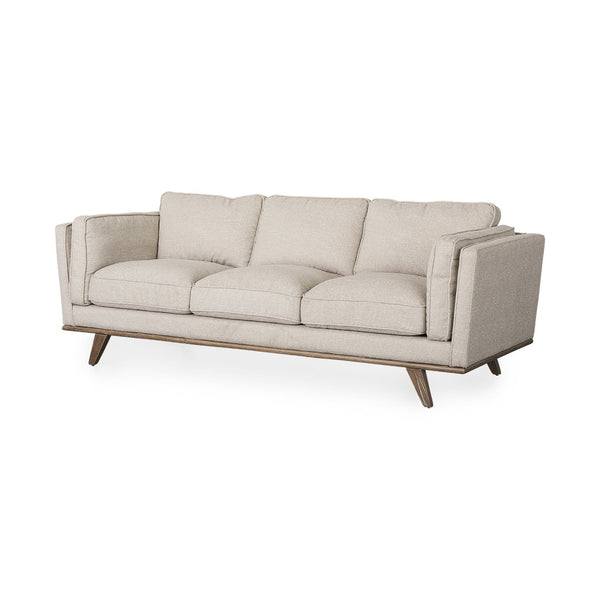 Mercana Brooks Three-Seater Sofa: Elegant Cream Upholstery with Sturdy Wood Legs for Cozy Living Spaces Cream Fabric | Brown Wood 69620