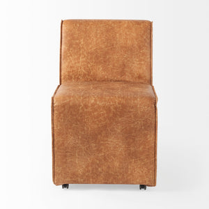 Mercana Damon Upholstered Dining Chair with Casters - Elegant Cream Fabric, Supportive Backrest & Mobility Brown Faux Leather 69614