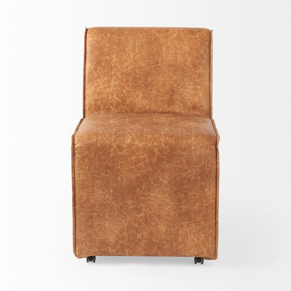 Mercana Damon Upholstered Dining Chair with Casters - Elegant Cream Fabric, Supportive Backrest & Mobility Brown Faux Leather 69614