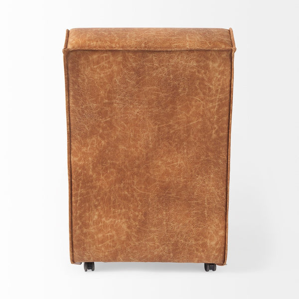 Mercana Damon Upholstered Dining Chair with Casters - Elegant Cream Fabric, Supportive Backrest & Mobility Brown Faux Leather 69614