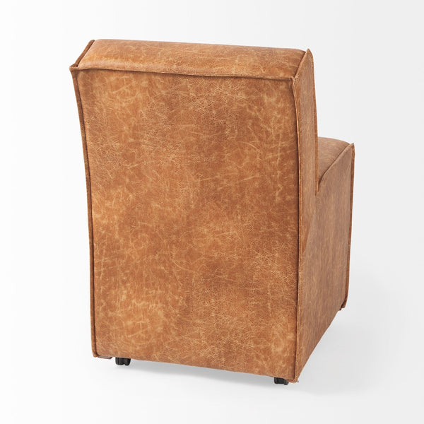 Mercana Damon Upholstered Dining Chair with Casters - Elegant Cream Fabric, Supportive Backrest & Mobility Brown Faux Leather 69614