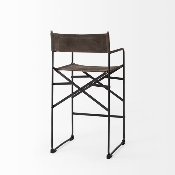 Mercana Direttore Modern Counter Stool with Foldable Metal Frame for Stylish Kitchen or Bar Seating Solution Brown/Gray Suede | Black Metal | Counter 69629