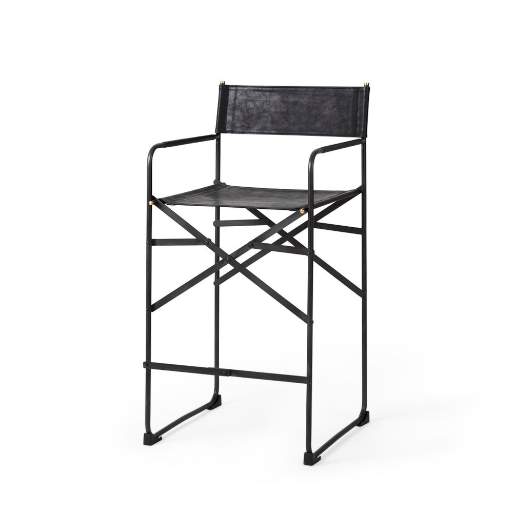 Mercana Direttore Elegant Director's Chair-Inspired Stool with Sturdy Metal Frame for Modern Living Spaces Black Leather | Black Iron | Counter 69631