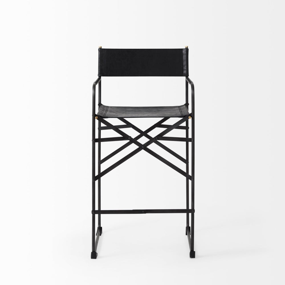 Mercana Direttore Elegant Director's Chair-Inspired Stool with Sturdy Metal Frame for Modern Living Spaces Black Leather | Black Iron | Counter 69631