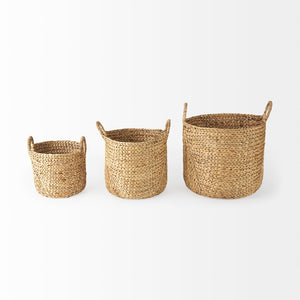 Mercana Sivan Woven Round Baskets with Handles - Natural Water Hyacinth Storage for Coastal Home Décor 69582
