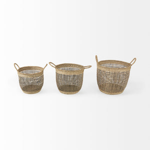 Mercana Triopas 15.7L x 15.7W x 13.4H (Set of 3) Medium Brown Seagrass Round Basket W/ Handles  69583