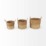 Mercana Morocco 15.7L x 15.7 (Set of 3) Brown Two Tone Water Hyacinth and Cornhusk Round Basket W/ Handles  69584