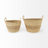 Mercana Vance 17.7L x 17.7W x 11.8H Light Brown Palm Leaf and Seagrass Round Basket W/ Handles 69587