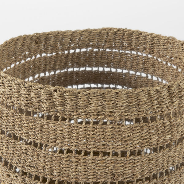 Mercana Hayes Medium Round Storage Baskets – Handwoven Seagrass with Cut-Out Stripe Design for Home Decor 69589