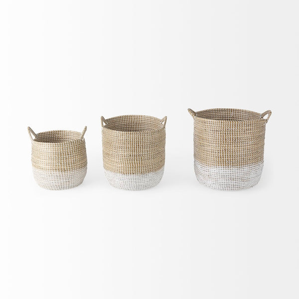 Mercana Maddie Elegant Handwoven Seagrass Baskets for Stylish Storage, Coastal Decor, and Organizing Essentials Brown Seagrass | White Bottom | Set of 3 69594