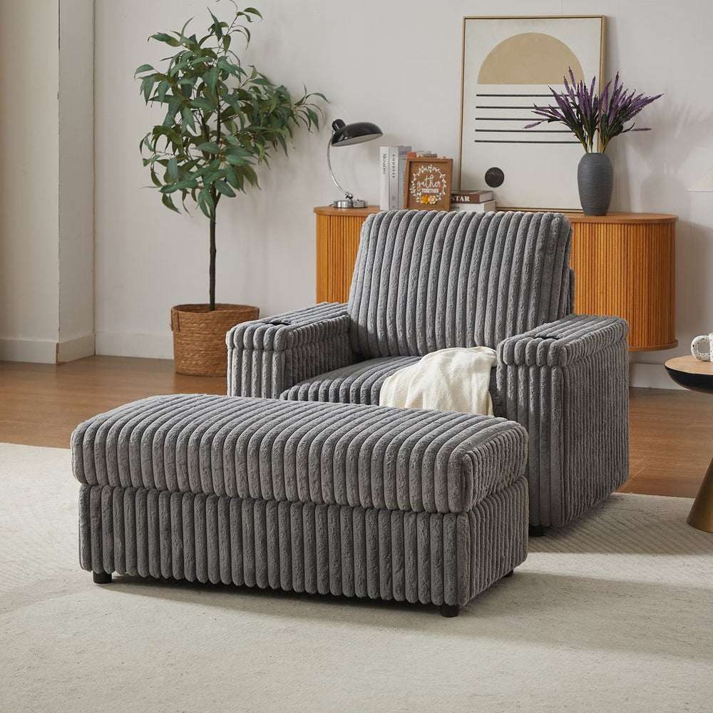 English Elm 42.5-inch corduroy single recliner with cup holder, storage ottoman, plush back pillow for lounging Grey W834P375123