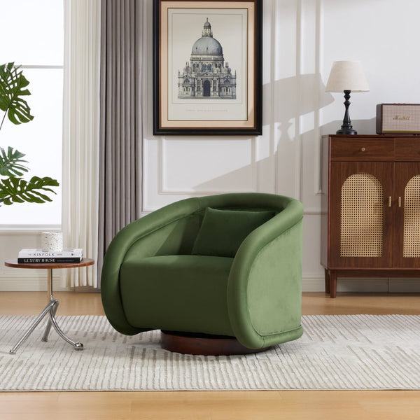 English Elm Swivel Barrel Chair Pumpkin Sculptural Velvet Upholstered with Walnut Wood Round Base Green W3244P427740