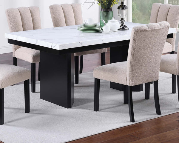 English Elm Classic White Faux Marble Dining Table 68" Rectangular Top for Six with Black Wooden Legs, Two-Tone Modern Elegance B011S01880