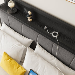 English Elm Full Size Bed Frame with Storage Headboard & Charging Station, Upholstered Gray Cotton Flax, 400lb Stable Platform W840P179122