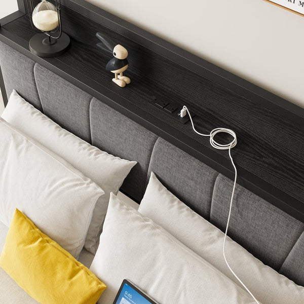 English Elm Full Size Bed Frame with Storage Headboard & Charging Station, Upholstered Gray Cotton Flax, 400lb Stable Platform W840P179122