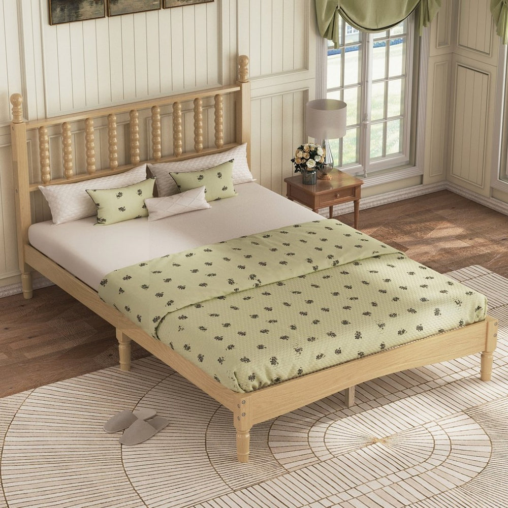 English Elm Full Size Rubberwood Platform Bed Gourd Headboard Retro Bohemian Bedroom Frame N733P338317M