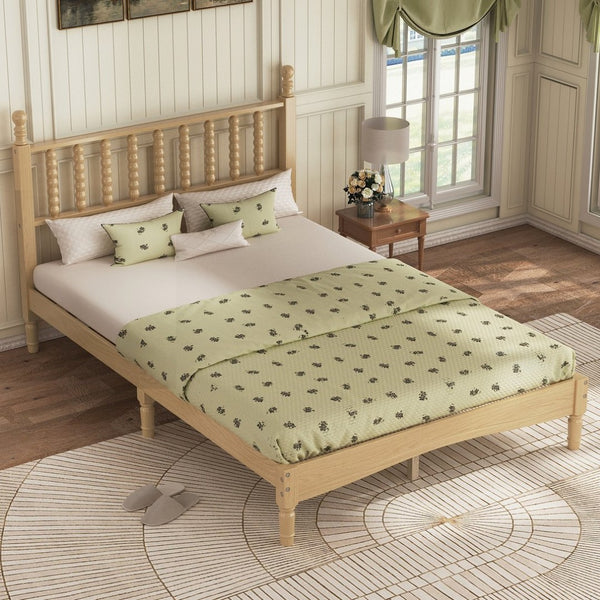 English Elm Full Size Rubberwood Platform Bed Gourd Headboard Retro Bohemian Bedroom Frame N733P338317M