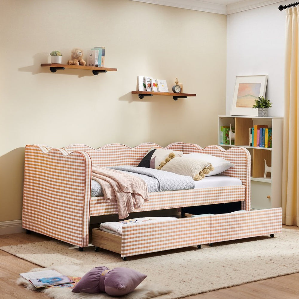 English Elm Twin Gingham Linen Daybed with Wave Silhouette Usb Port and Dual Storage Drawers Pink W1413S00142