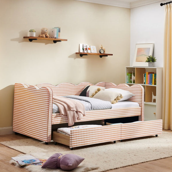 English Elm Twin Gingham Linen Daybed with Wave Silhouette Usb Port and Dual Storage Drawers Pink W1413S00142