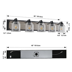 English Elm 40" Farmhouse Vanity Light Fixture - 5-Light Industrial Wall Sconce with Clear Seeded Glass & Wood Backboard, Black Finish W1340P251919