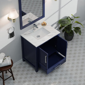 English Elm Navy 30" Bath Vanity with Carrara Marble Top, Soft-Close Drawer, Chrome Faucet & Storage Shelf B2731P259011
