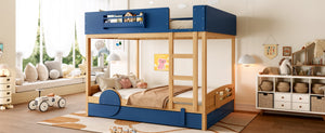 English Elm Queen Bunk Bed with Trundle Solid Pine Kids Car Themed Frame Built-in Bookshelf Blue,Natural W1580S00447