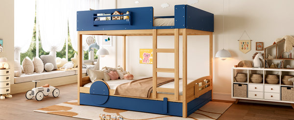 English Elm Queen Bunk Bed with Trundle Solid Pine Kids Car Themed Frame Built-in Bookshelf Blue,Natural W1580S00447