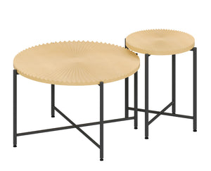 English Elm Radial Distressed 2-Piece Coffee and End Table Set with Waterproof MDF Top and Black Metal Legs Oak Natural Wood + Antique White B2735P269982